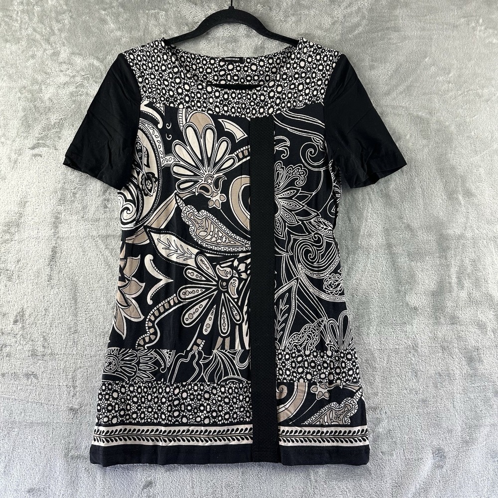 Gerry Weber Tunic Top Women's S Black Ivory Tan Abstract Floral Design
